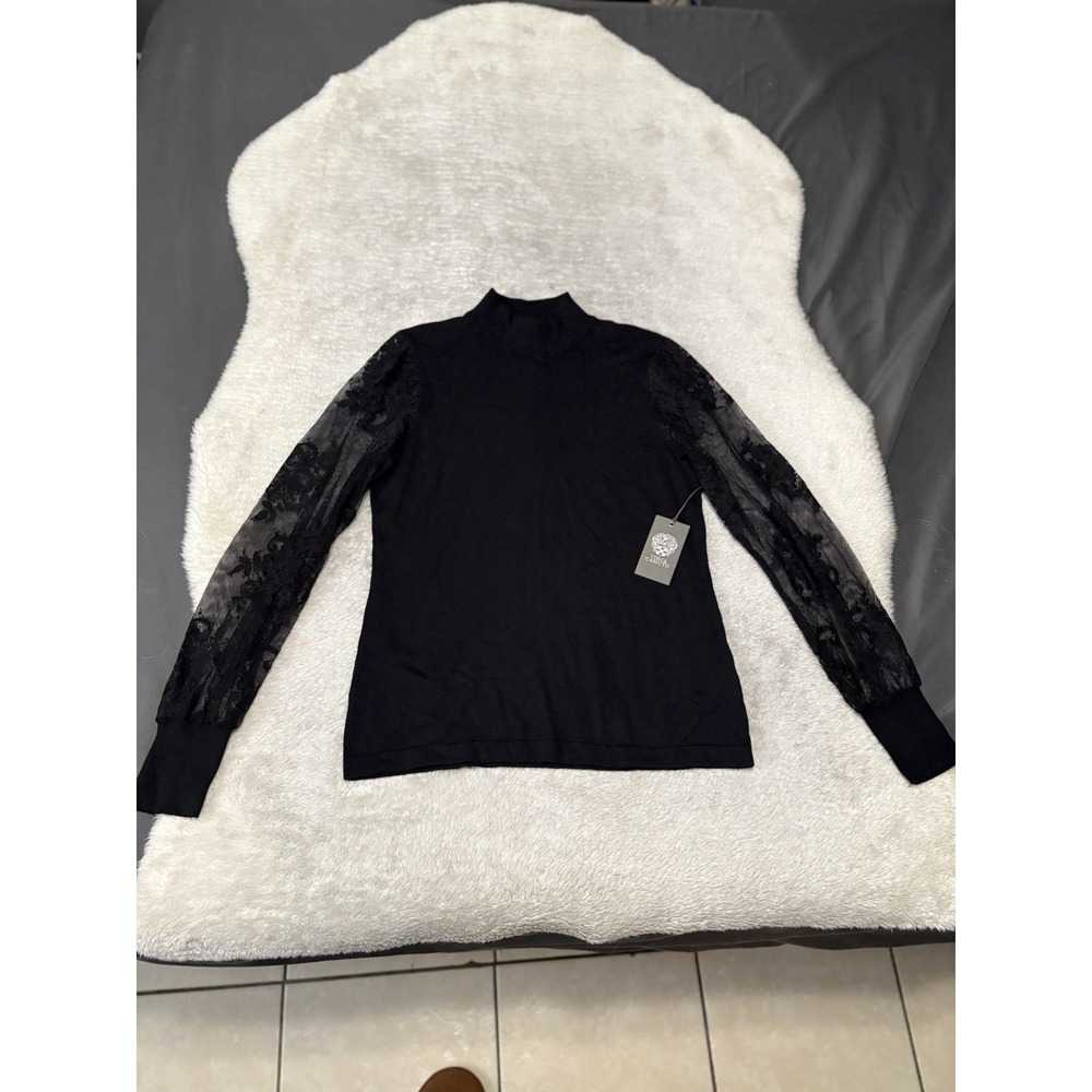 New Vince Camuto Womens Black Lace Sleeve Sweater‎ Size PM Petite